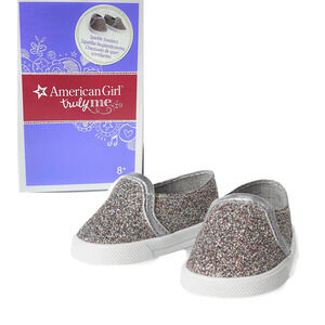 American Girl Doll SPARKLE SNEAKERS Silver MultiColor Glitter Slip On Shoes BOX!